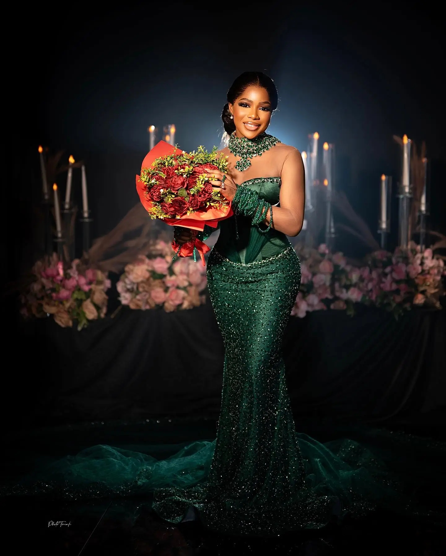 African Green Beaded Mermaid Prom Dresses With Veil Crystals Sheer Long Sleeve Aso Ebi Style Formal Special Ocn Gowns