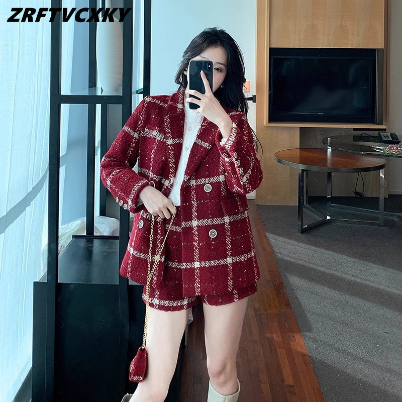 Womens Two Piece Pants Casual Red Lattice Shorts Suits for Autumn Winter Fashion Notched Neck Jacket Coat And 2 Set Outfits 230926