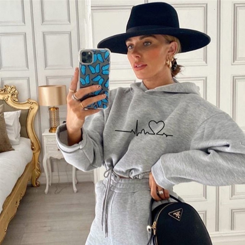 Women's Hoodies Sweatshirts Loose Style Sweater Crop Top Women Two Piece Set Autumn Winter Fashion Long Sleeve Hooded Sports Casual Tracksuit for