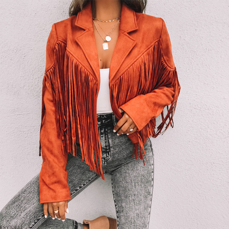 Women's Jackets FUFUCAILLM Fashion Tassel Cardigan Women Y2k Fringed Hem Crop Tops Motor Biker Jacket Suede Leather Jacket Vintage Coat Autumn 23