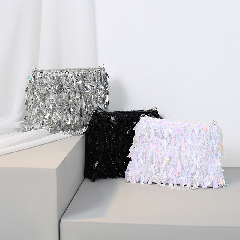 Evening Bags Silver Sequin Tassel Women small Crossbody Handmade Beaded Ladies Party Clutch Purse Fashion Handbags B473 230926