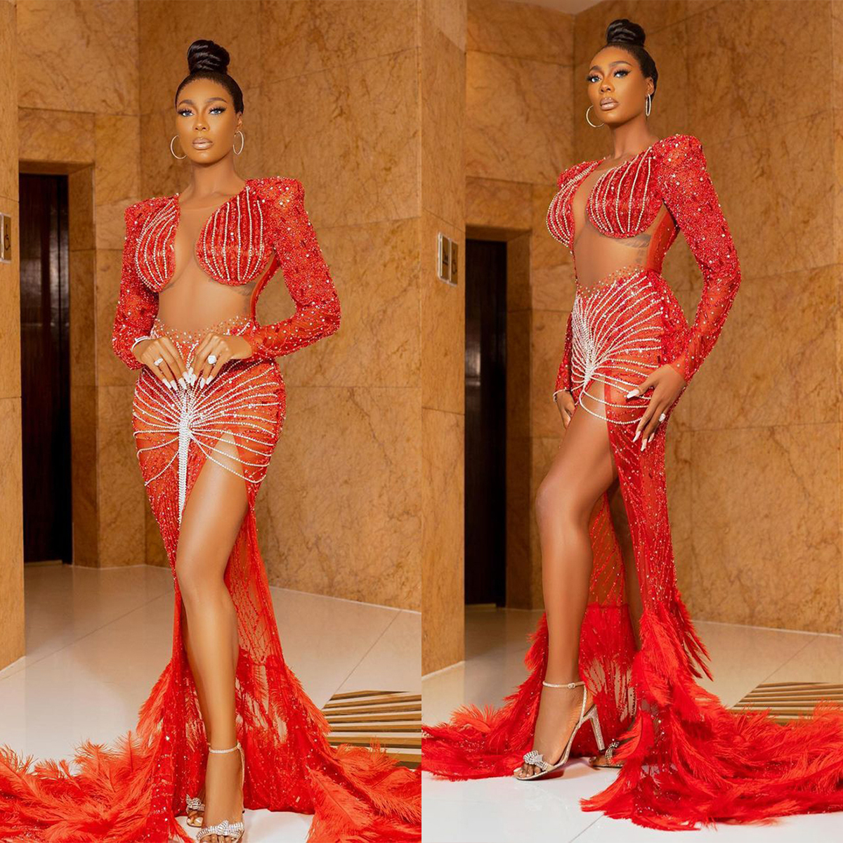 Vintage Mermaid Prom Dresses Illusion Beading Long Sleeve Side Split Evening Gowns Formal Special Ocassion Dress