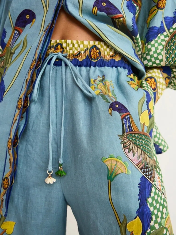 Womens Two Piece Pants In Birds Flower Printed Set Women Lantern Sleeve Lapel Shirts High Waist Flare Suit For Outfits 230925