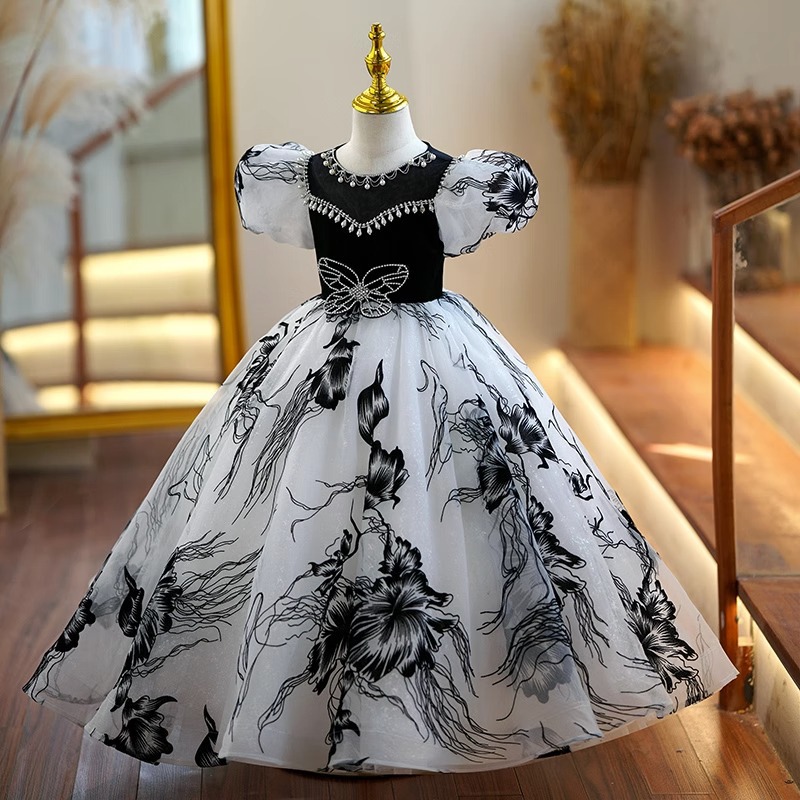 White Black Ball Gown Wer Girl Dresses For Wedding Pearls Beaded Butterfly Pageant Gowns Orange Sheer Bateau Necke Tulle Princess Party First Communio