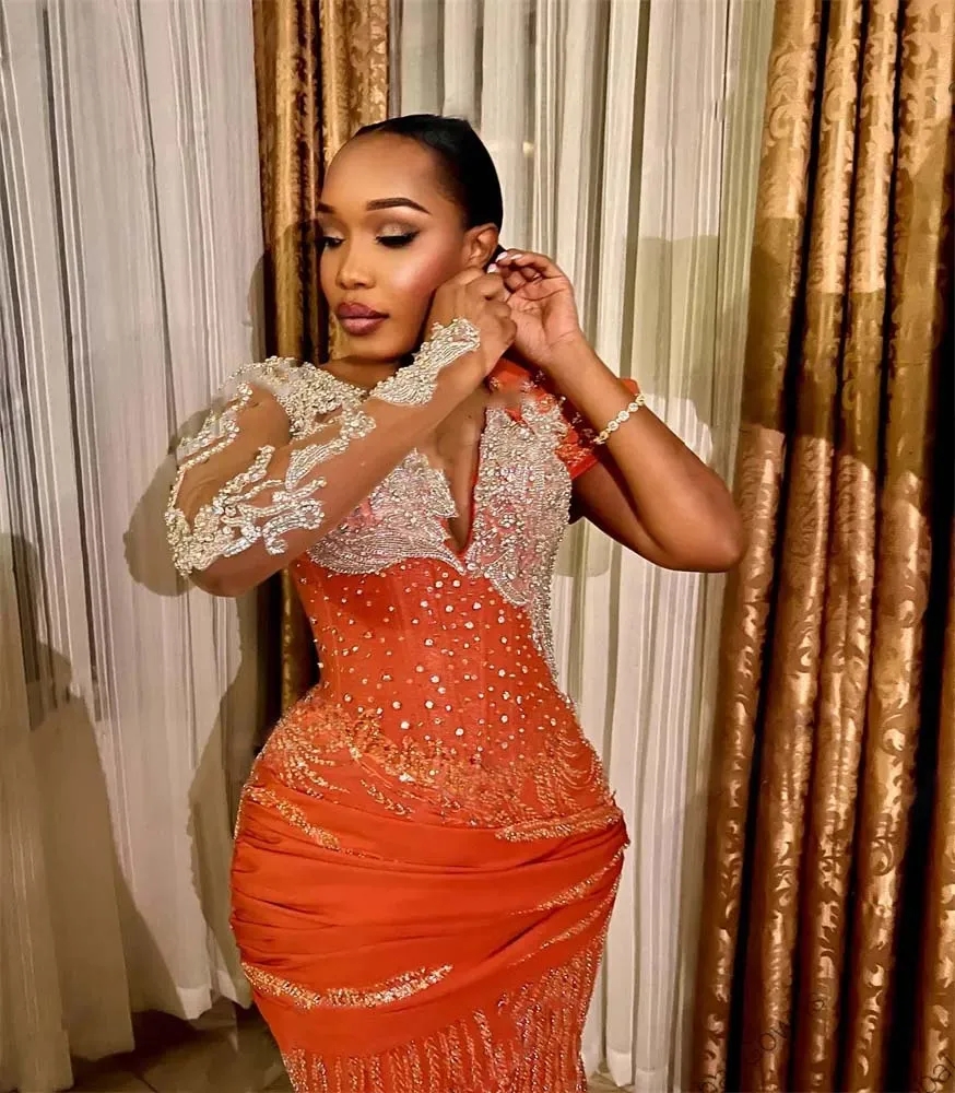 African Orange Plus Size Prom Dresses 2025 New Beaded Lace Sheer Long Sleeves Formal Party Dress Black Women Birthday Gowns
