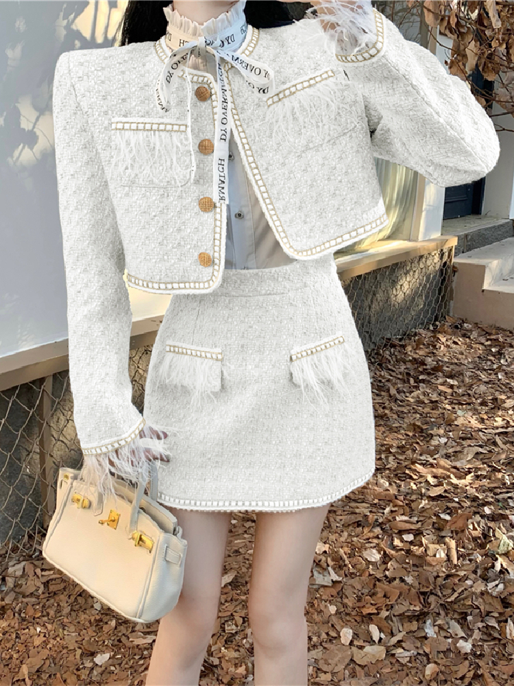 Two Piece Dress Autumn Tweed Set for Women Korean Style Long Sleeve Jacket Coat Crop Top Mini Skirt Suits Casual 2 Outfits 230926