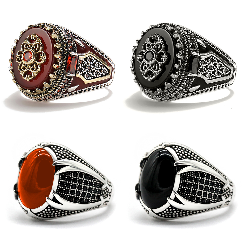 Wedding Rings Retro Handmade Islamic Men Ring Vintage Turkish Double Swords Black Red CZ Stone Punk Trendy Religious Muslim Jewelry 230926