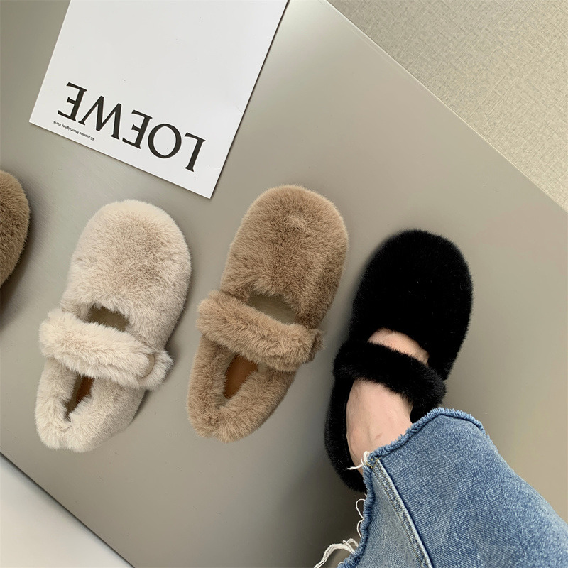 Mary Jane Fluffy Slippers Women's Clothes Winter Fleece ing Thickened One Pedal Comfortable Cotton Shoes dh5885370