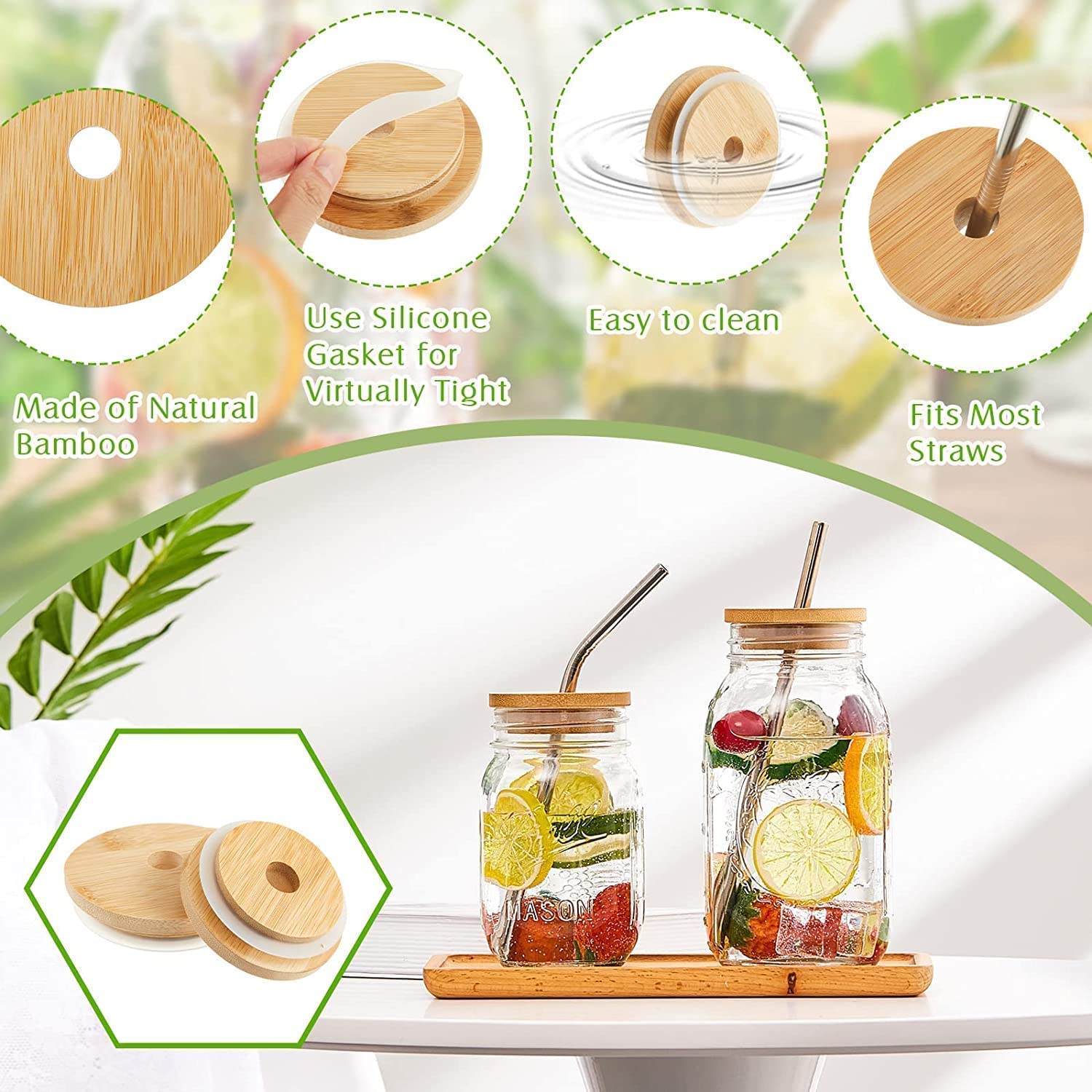 Reusable Bamboo Jar Lids with Straw Hole LeakProof Tumbler Canning Drinking Storage Jars Canning Lids with Silicone Ring for Regular Mouth Mason Canni