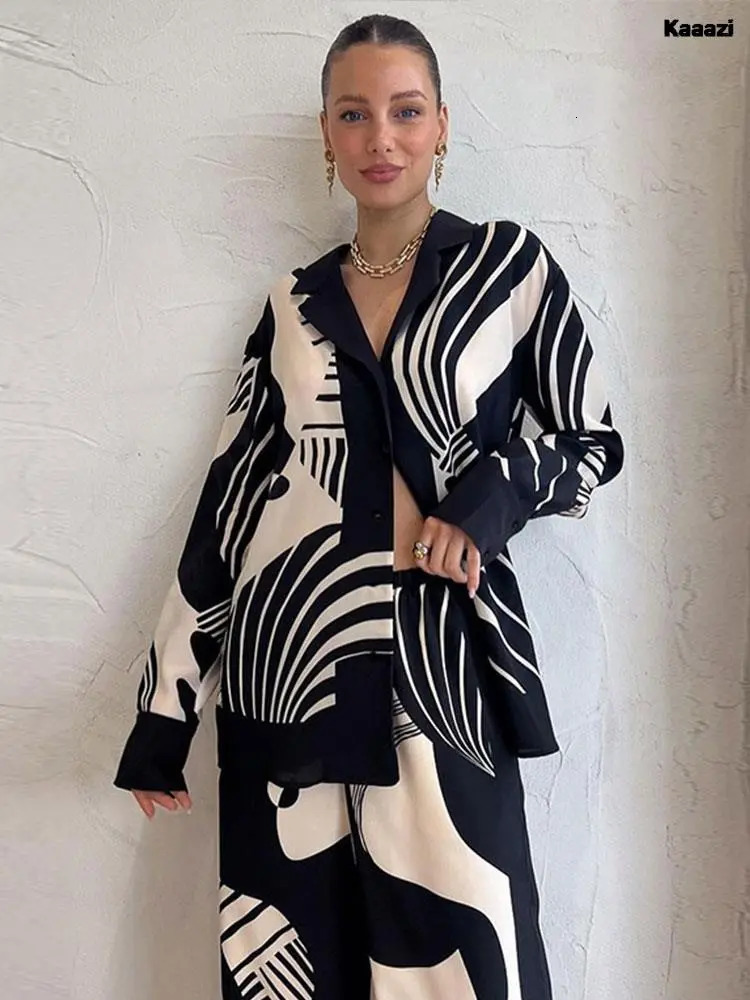 Women's Two Piece Pants Women Digital Print 2 Piece Set Chic Lapel Long Sleeved Top Loose Straight Leg Pants Suit Fashion Streetwear Blouse Shirt