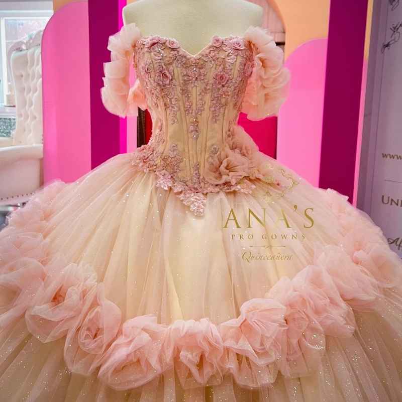 Pink Sparkle Beaded Quinceanera Dresses Sequined Off Shoulder Ball Birthday Gown Tull Vestidos De 15 Anos Sweet 16