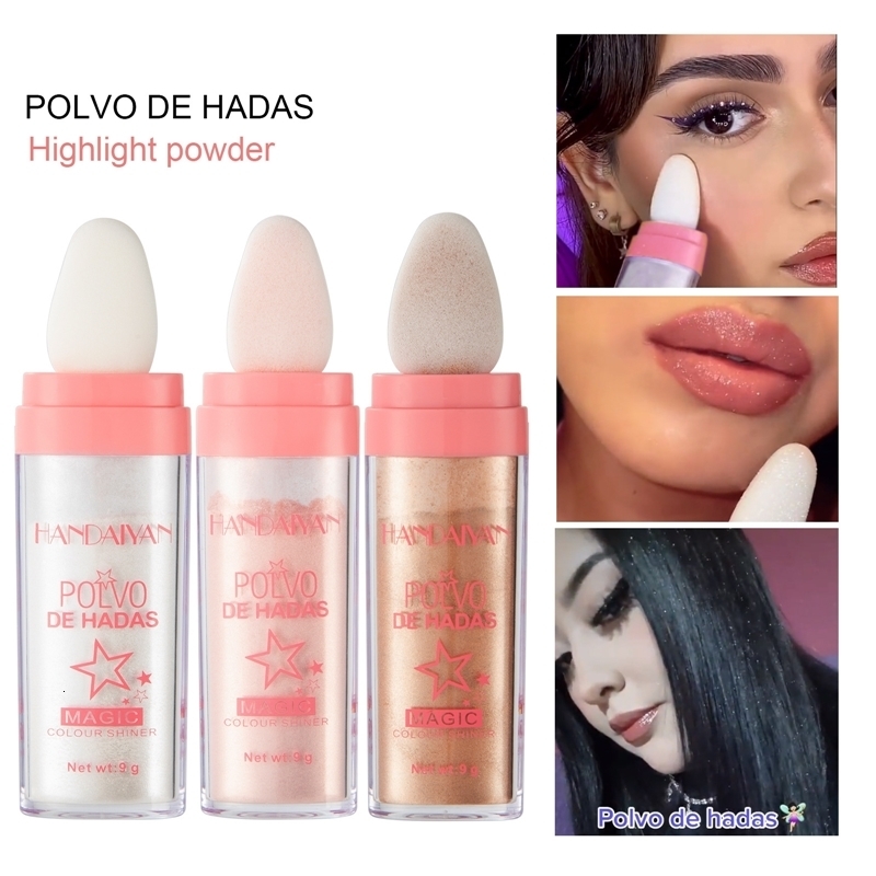 Concealer 3 Colors Polvo De Hadas Highlighter Powder Pat Glitter Fairy Shimmer Blusher Fashion Pink Powder Makeup on Face Eyes Body 9g 230926