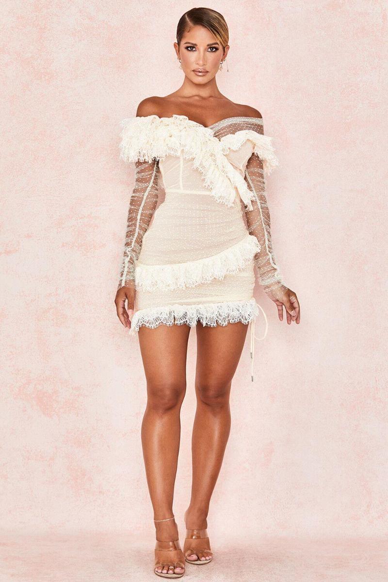 Casual Dresses 2023 Fashion Off Shoulder Lace Celebrity Evening Party Dress Women Sexy Long Sleeve Ruffles Bodycon Club Vestidos