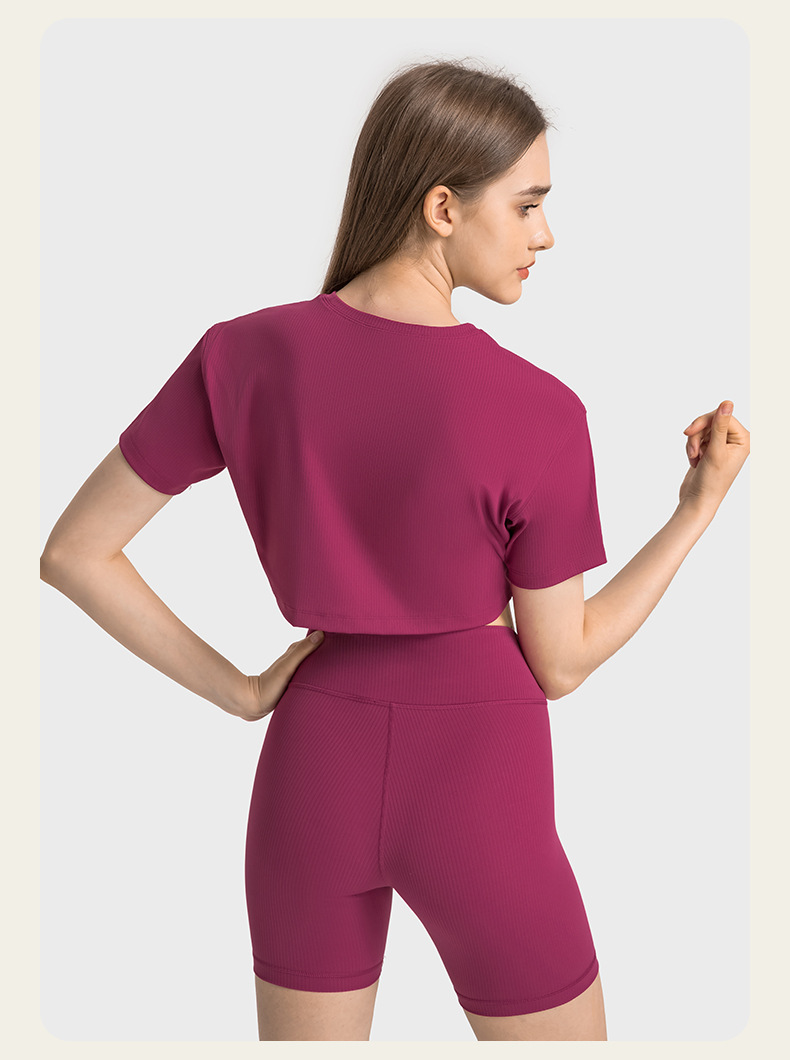 Uu-1211 Women Ribbed Shirt Sleeve Sexy T-Shirt Loose Waist Short Tops Sports Yoga Outfit
