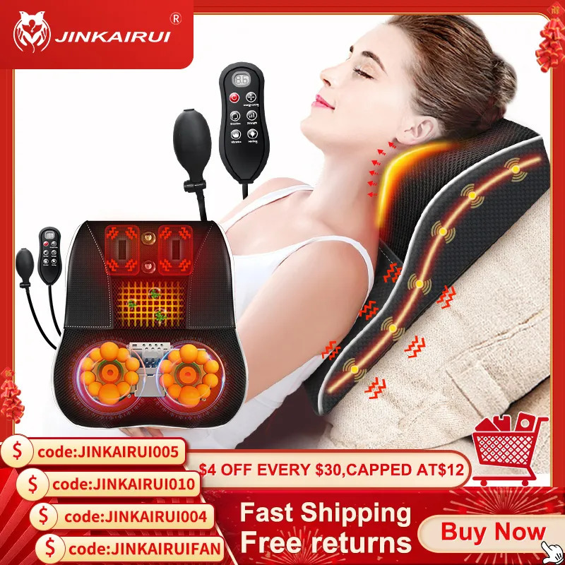 Massaging Neck Pillowws Jinkairui Electric Shiatsu Head Neck Cervical Ttraction Body Massager Car Back Pillow with Heating Vibrating Massage Device 23