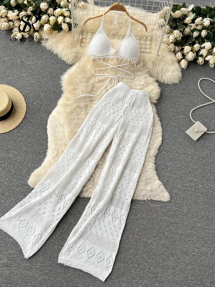 Women's Two Piece Pants SINGREINY Women Summer Knitted Set Halter Short Tops Hollow Wide Leg Long Pants Sets Shell Beach Sexy Backless Two Piece 
