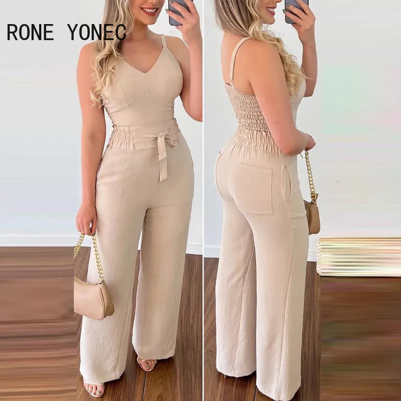 Women's Two Piece Pants Women Casual Thick Straps Lace Up Pleated High Elastic Waist with Pocket Straight Leg Pants Sets 230927
