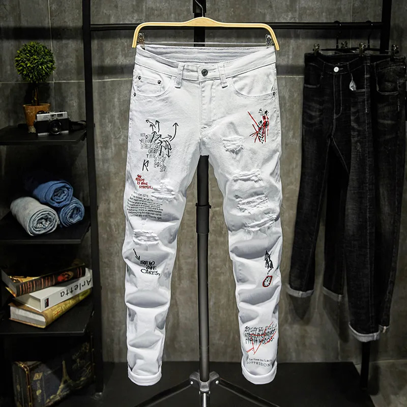 Mens Jeans Fashion Trendy Embroidery letters Men College Boys Skinny Runway Zipper Denim Pants Destroyed Ripped Black White 230927