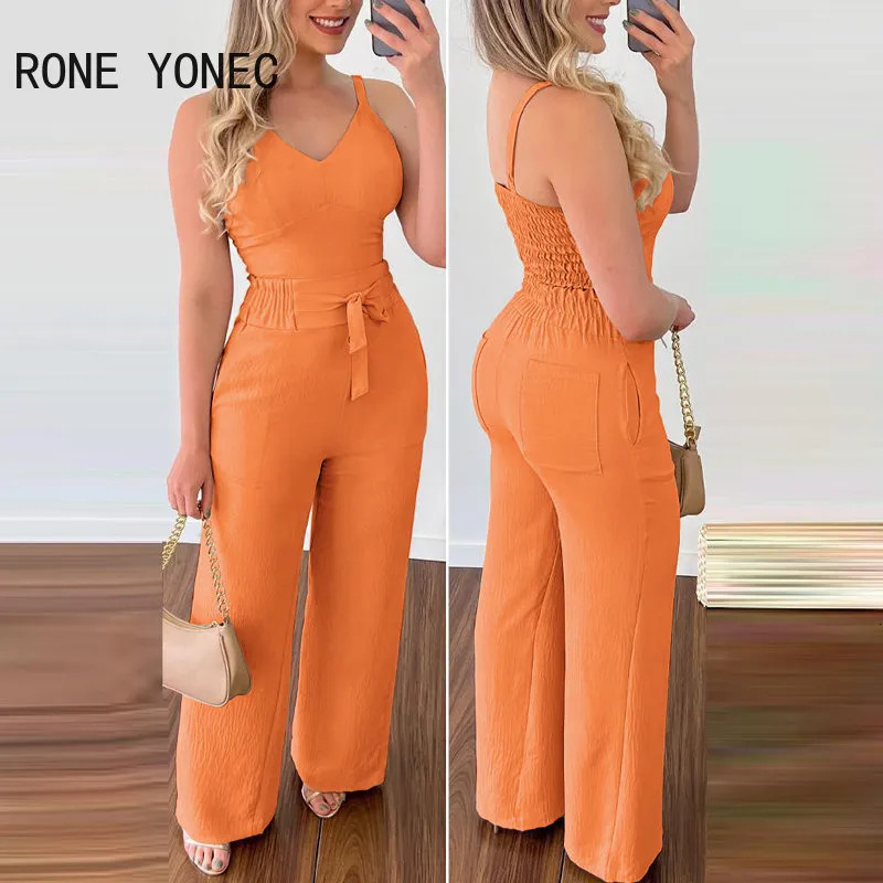 Women's Two Piece Pants Women Casual Thick Straps Lace Up Pleated High Elastic Waist with Pocket Straight Leg Pants Sets 230927