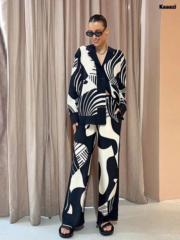 Women's Two Piece Pants Women Digital Print 2 Piece Set Chic Lapel Long Sleeved Top Loose Straight Leg Pants Suit Fashion Streetwear Blouse Shirt