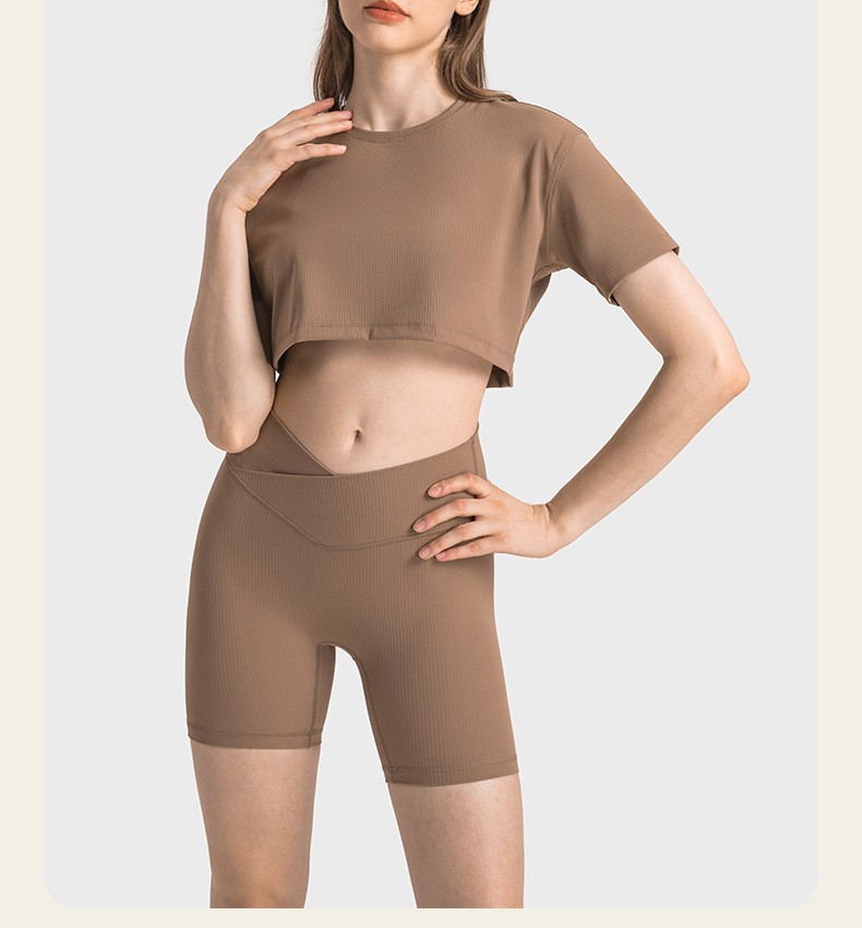 Uu-1211 Women Ribbed Shirt Sleeve Sexy T-Shirt Loose Waist Short Tops Sports Yoga Outfit