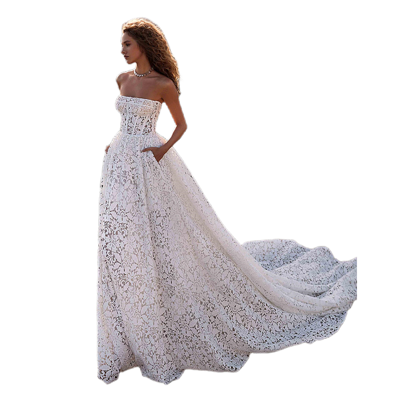 2023 Full Lace Country Wedding Dresses With Pockets Strapless Corset A Line Bridal Gowns Sweetheart Sleeveless Long Bride Dress Court Train