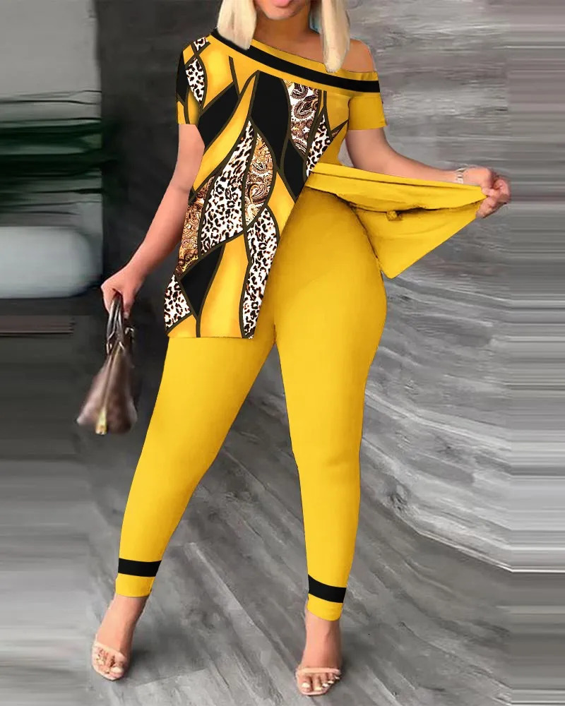 Women's Two Piece Pants Summer Fashion Printing Two-Piece Women's Leisure Sports Style Patchwork Printing Jacket Trousers Two-Piece Women 