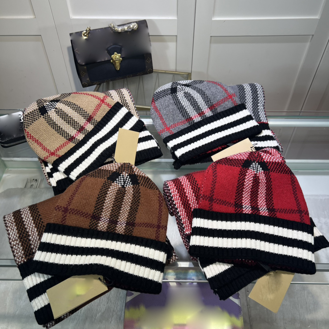 Autumn and Winter Luxury Sports Style Designer beanie Hat Womens bonnet Stripe Date Holiday Scarf Set