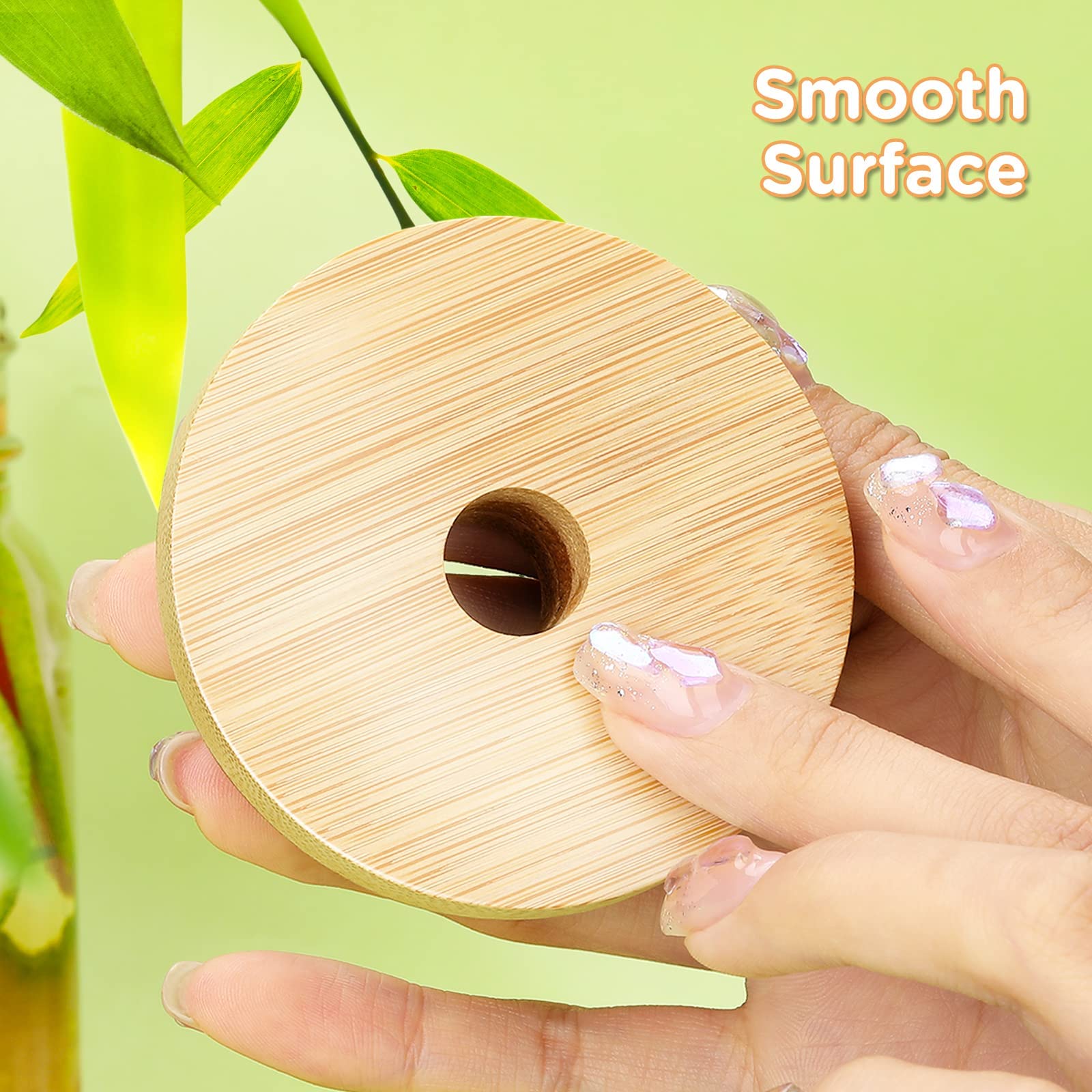 Reusable Bamboo Jar Lids with Straw Hole LeakProof Tumbler Canning Drinking Storage Jars Canning Lids with Silicone Ring for Regular Mouth Mason Canni