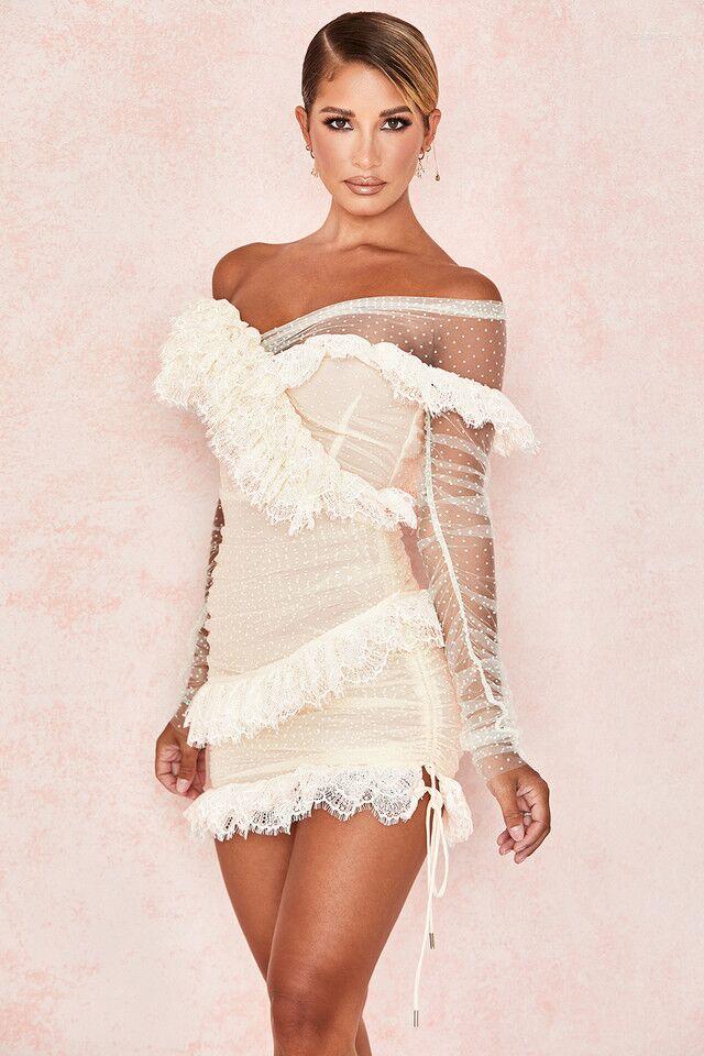 Casual Dresses 2023 Fashion Off Shoulder Lace Celebrity Evening Party Dress Women Sexy Long Sleeve Ruffles Bodycon Club Vestidos