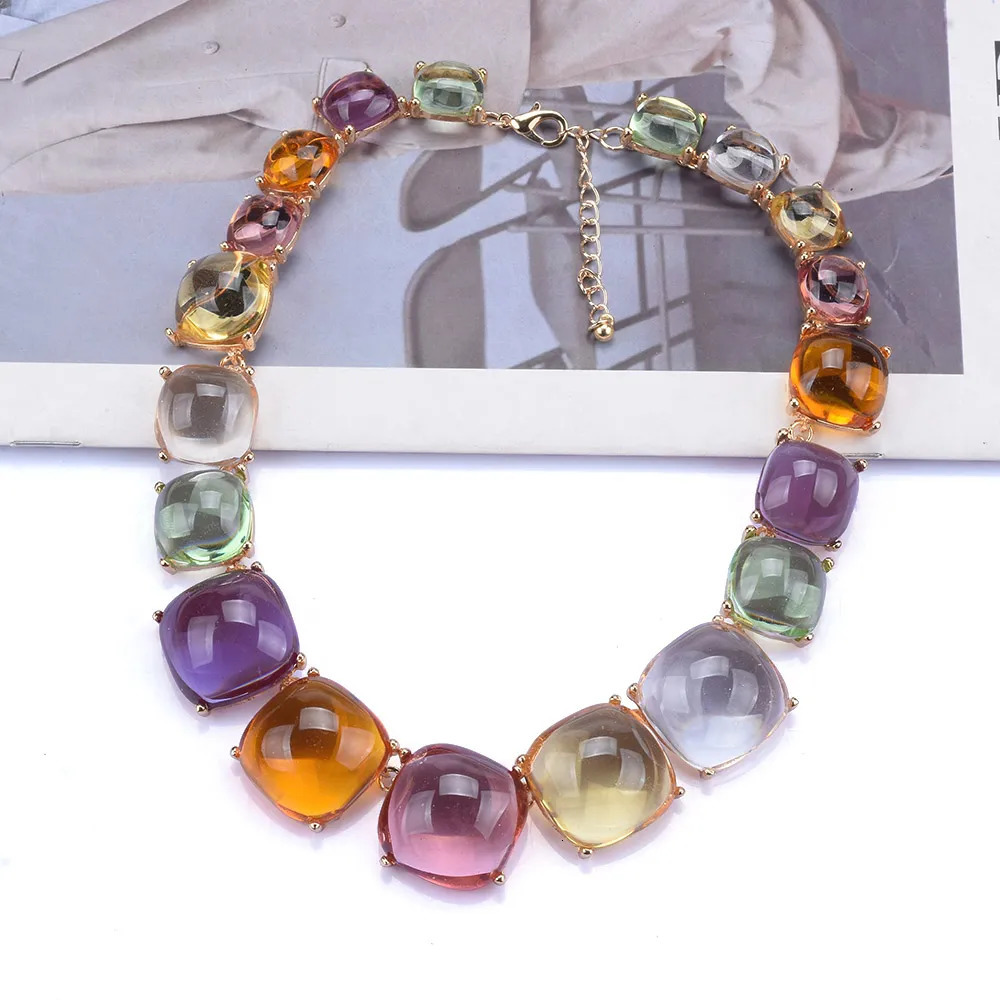 Chokers ZA Multicolor Transparent Resin Choker Necklace Women Indian Statement Gold Plated Metal Large Collar Necklace Jewelry 230927