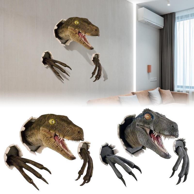 Decorative Objects Figurines Dinosaur Wall Mounted Sculpture 3D Wall Bursting Hanging Dinosaur Head Resin Dinosaur Head With Claws Home Decor 230926