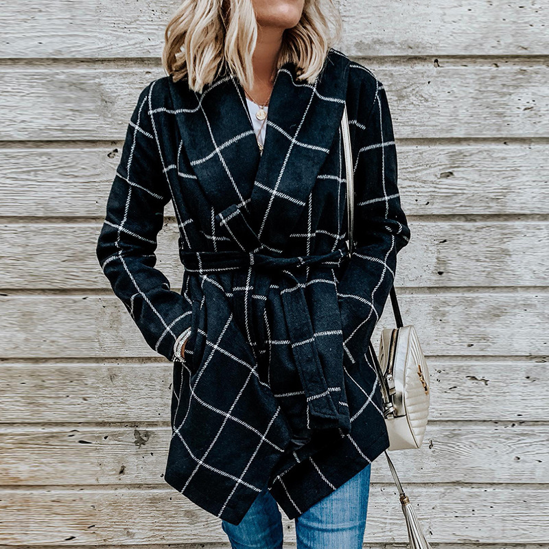 Women's Wool Blends Autumn and Winter Ladies Longsleeved Woolen Coat Fashion Retro Loose Plaid Belt Windbreaker Coats Jacket 230926