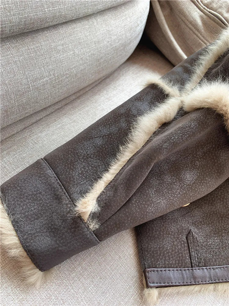 Womens Wool Blends RosEvans Vintage Natural Sheepskin Collar Rabbit Fur Full Pelt Coat Short Women Fashion patchwork coats Female Autumn Winter 230927