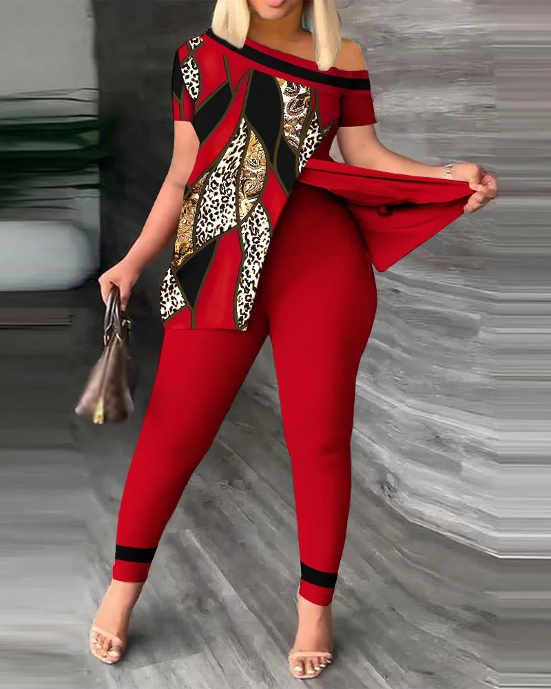 Women's Two Piece Pants Summer Fashion Printing Two-Piece Women's Leisure Sports Style Patchwork Printing Jacket Trousers Two-Piece Women 