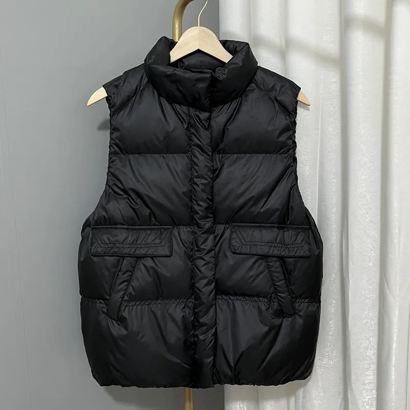 Womens Down Parkas Sleeveless Vest Standing Neck Short Single Breasted Lightweight Coat White Duck Tank Solid Color Top 230927