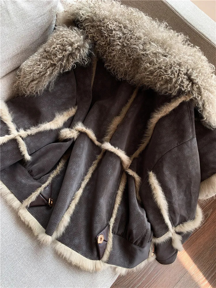Womens Wool Blends RosEvans Vintage Natural Sheepskin Collar Rabbit Fur Full Pelt Coat Short Women Fashion patchwork coats Female Autumn Winter 230927
