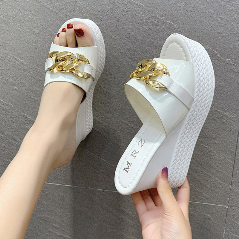 Slippers Platform Chain High Heels Slippers Women's Wedding Shoes Summer Casual White Black Slides Ladies Beach Pantuflas De Mujer 230926