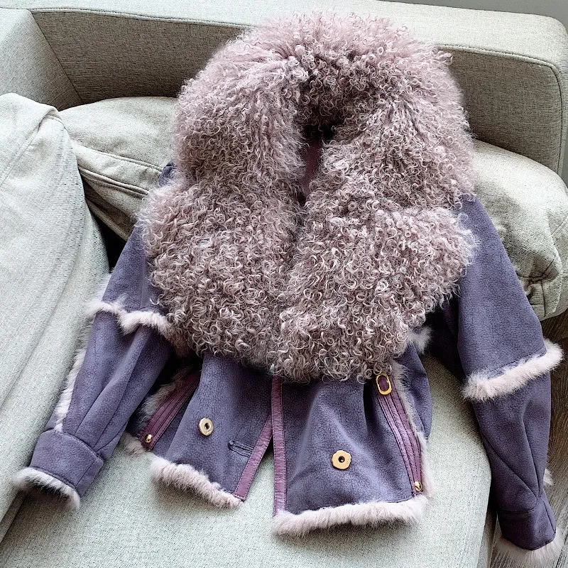 Womens Wool Blends RosEvans Vintage Natural Sheepskin Collar Rabbit Fur Full Pelt Coat Short Women Fashion patchwork coats Female Autumn Winter 230927