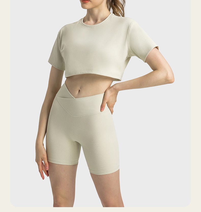 Uu-1211 Women Ribbed Shirt Sleeve Sexy T-Shirt Loose Waist Short Tops Sports Yoga Outfit