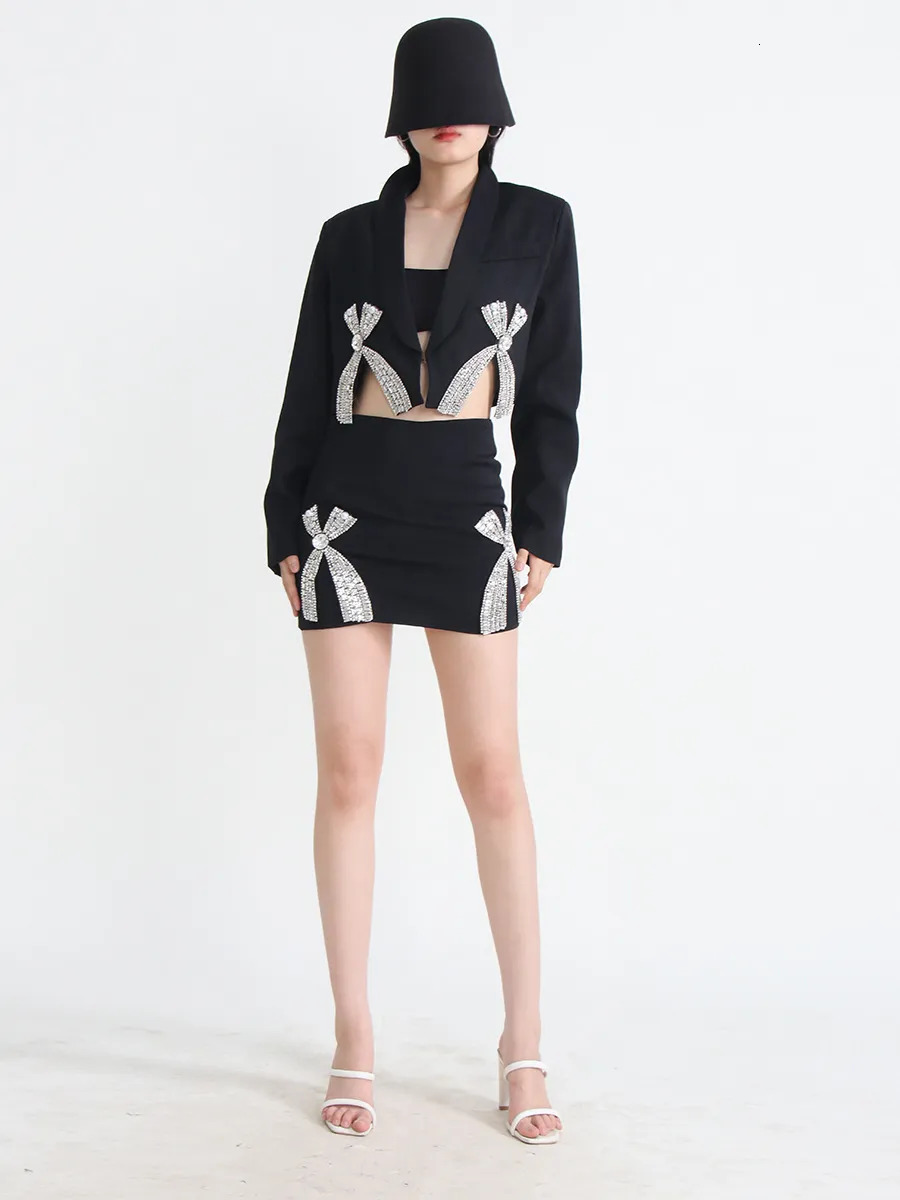 Two Piece Dress Suit Rhinestone Patchwork Bow Long Sleeve Split Blazers For Women Bow Black Slim Short Bodycon Skirt Women 230927