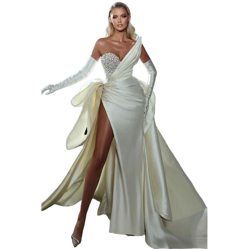 Charming Side Slit Mermaid Wedding Dresses With Detachable Train Beaded Sweetheart Neck Sleeveless Long Satin Bridal Gowns Sexy Bride Second Reception