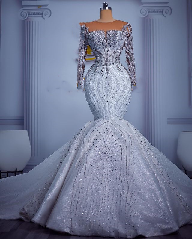 2023 Oct Arabic Aso Ebi Plus Size Mermaid Crystals Wedding Dress Sequined Lace Beaded Bridal Gowns Dresses ZJ354