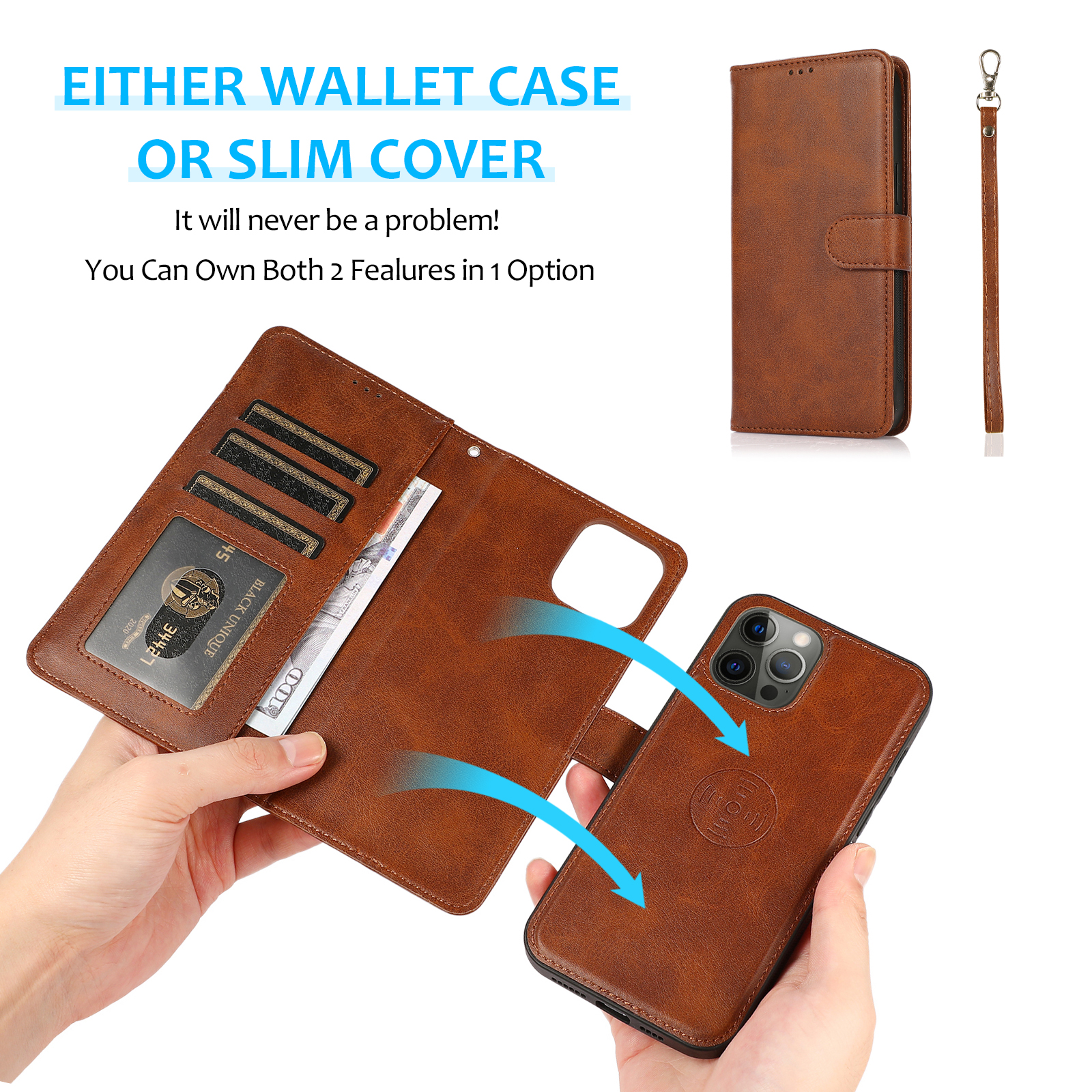 Magnetic Detachable PU Leather Wallet Card Slots Kickstand Shockproof Wrist Strap Flip For iPhone 17 Air 16 15 14 13 12 11 Pro Max XS 8 Plus Samsung S