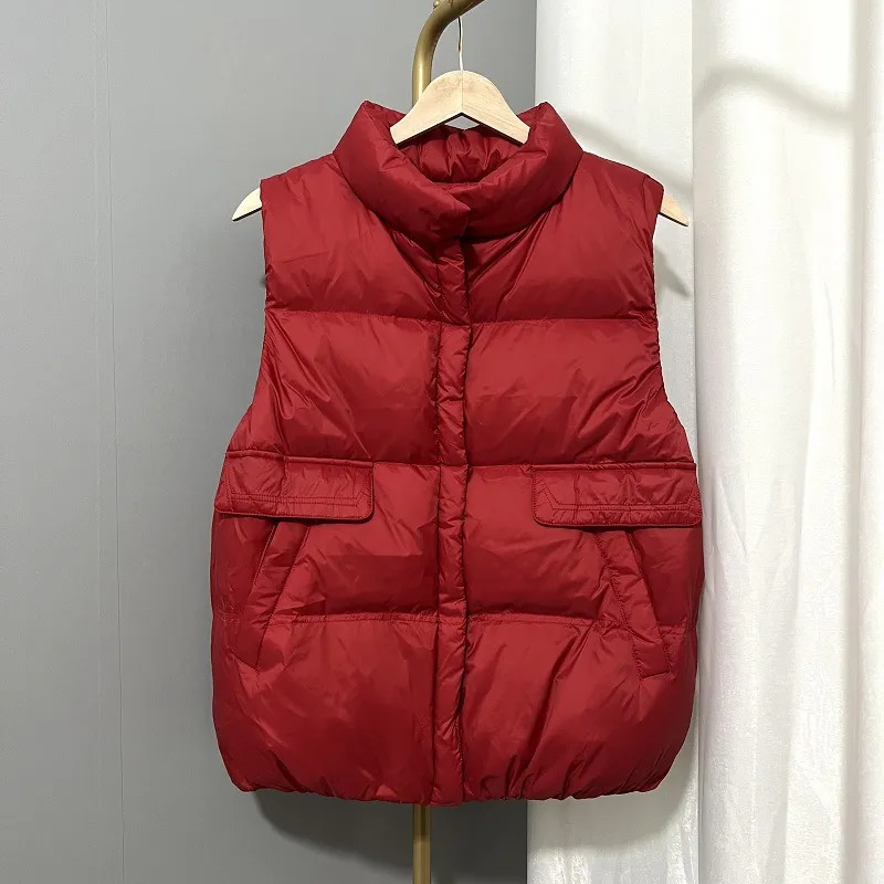Womens Down Parkas Sleeveless Vest Standing Neck Short Single Breasted Lightweight Coat White Duck Tank Solid Color Top 230927