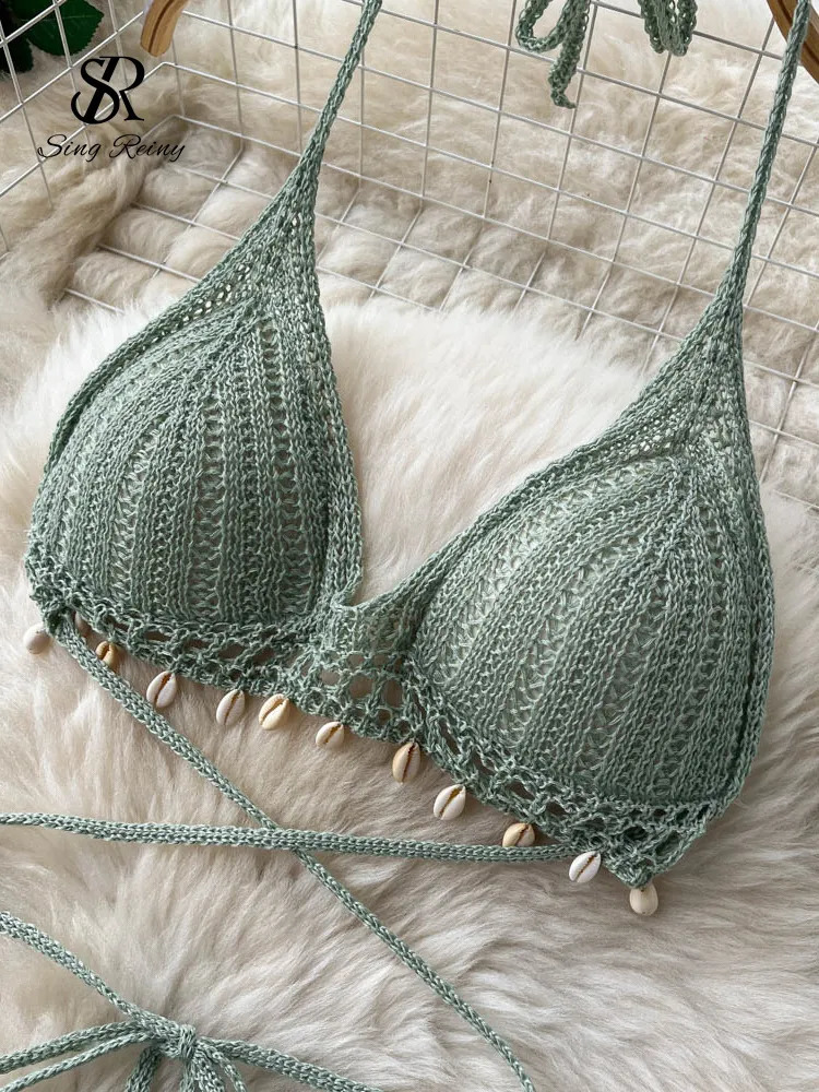 Women's Two Piece Pants SINGREINY Women Summer Knitted Set Halter Short Tops Hollow Wide Leg Long Pants Sets Shell Beach Sexy Backless Two Piece 