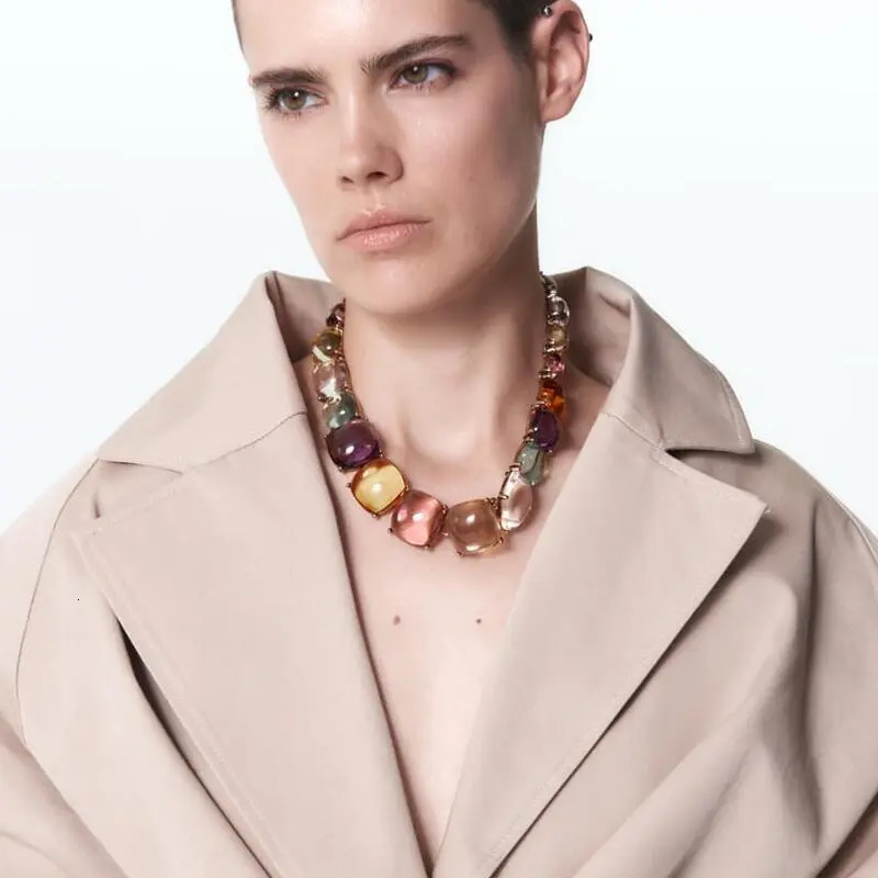 Chokers ZA Multicolor Transparent Resin Choker Necklace Women Indian Statement Gold Plated Metal Large Collar Necklace Jewelry 230927