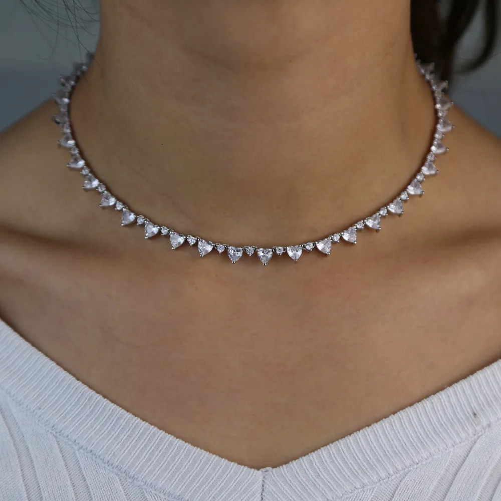 Chokers Lover Valentine's Day Gift For Girlfriend Sparking Bling 5A Round Heart Cubic Zirconia Cz Tennis Choker Necklace 230927