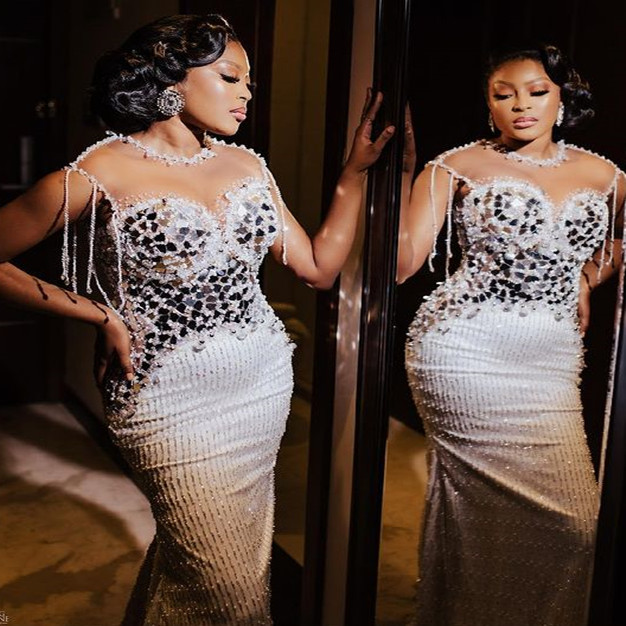 2023 Oct Arabic Aso Ebi Plus Size White Mermaid Wedding Dress Crystals Beaded Sequined Lace Bridal Gowns Dresses ZK44