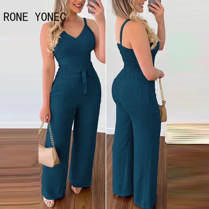 Women's Two Piece Pants Women Casual Thick Straps Lace Up Pleated High Elastic Waist with Pocket Straight Leg Pants Sets 230927